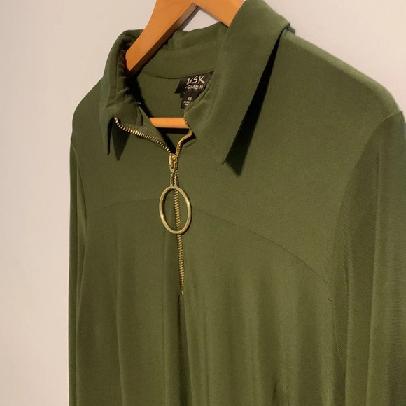 MSK women size 1x quart zip army green mini dress 3/4 sleeve circle zipper hook - Picture 3 of 9